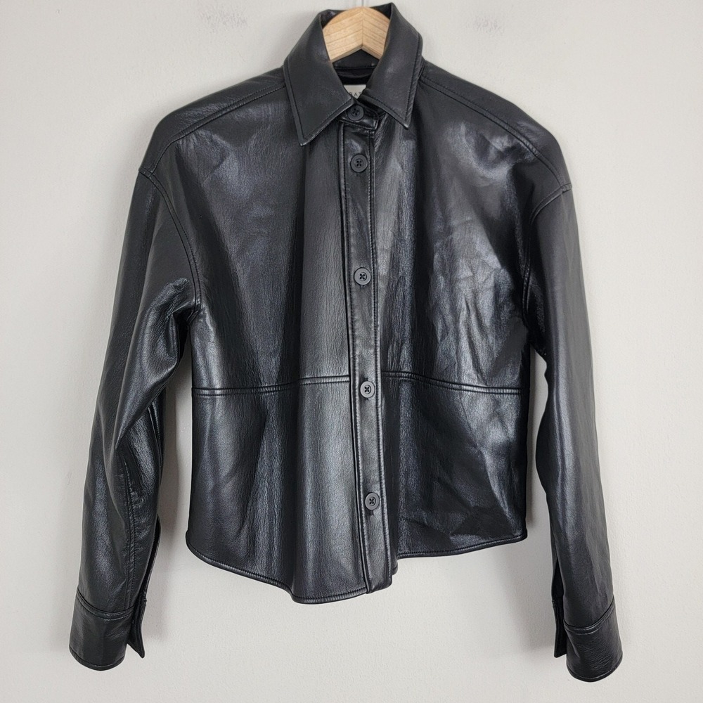 Babaton Shirt Jacket Womens 2XS Black Polyuretane Button Up 40"‎ Chest Oversized